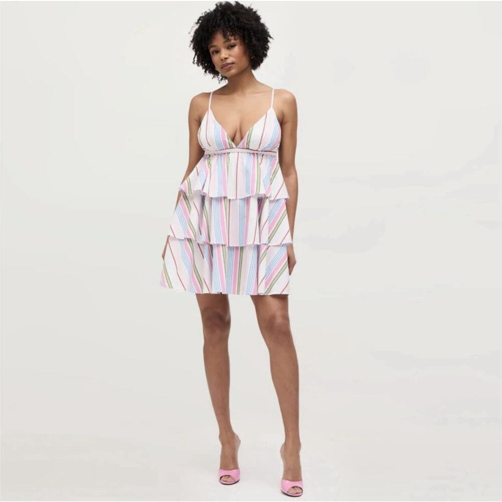 NWT HILL HOUSE Rainbow Stripe Ruffle Tiered Babydoll Gigi Mini Dress Size XL NEW